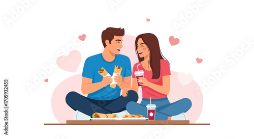 Loving Couples Eating Fast Food Together Smiling, Romantic Illustration of Happy Date