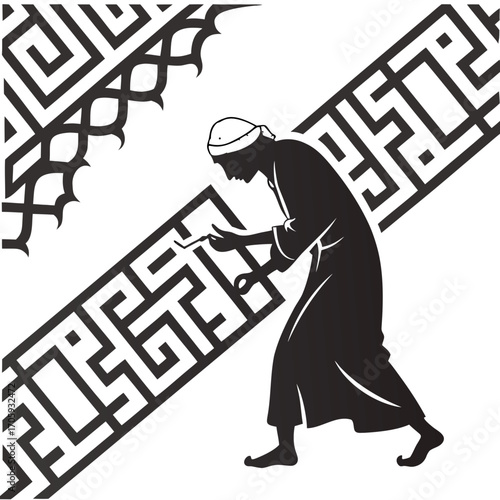 Silhouette of an arab man in traditional clothing working on intricate geometric patterns and islamic art
