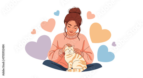 Loving Moment With Pet Cat And Pastel Hearts: An Animated Illustration of Affection