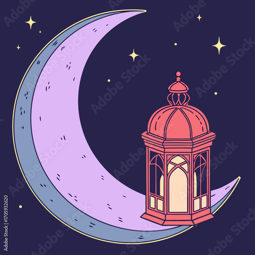 Stylized crescent moon with ornate lantern and stars against a deep night sky