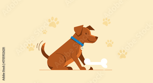 Loyal Canine Sitting Near Bone With Paw Prints, Illustration of A Happy Dog