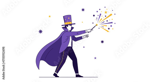 Magical Illusionist Conjuring Brilliant Light and Sparkling Stars on a White Backdrop