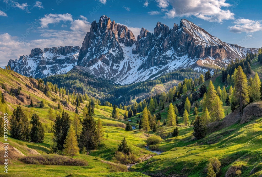 Fototapeta premium Lush valley view winding towards jagged, snowy peaks under a vibrant blue sky dotted with fluffy clouds