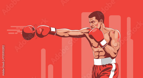 Intense Boxer Delivering Powerful Punch In A Dynamic Illustration With Red Color Scheme
