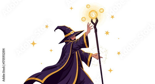 Magical Wizard Casting A Spell With Staff And Sparkling Lights Illustration