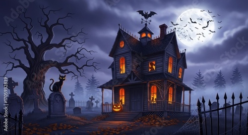 Spooky haunted house with graveyard and black cat under a full moon night