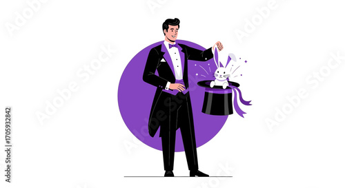 Magician Performing A Remarkable Illusion Appearing Bunny From A Magical Top Hat Performance