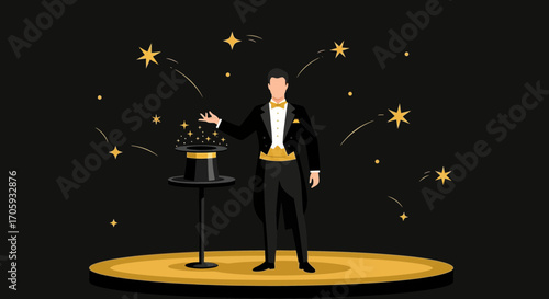 Magician Performing Illusion With Hat And Stars On A Stage With Elegant Design