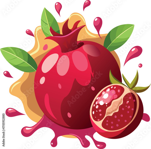Vector art of pomegranate with juice splashes and leaves, vibrant and juicy, transparent background