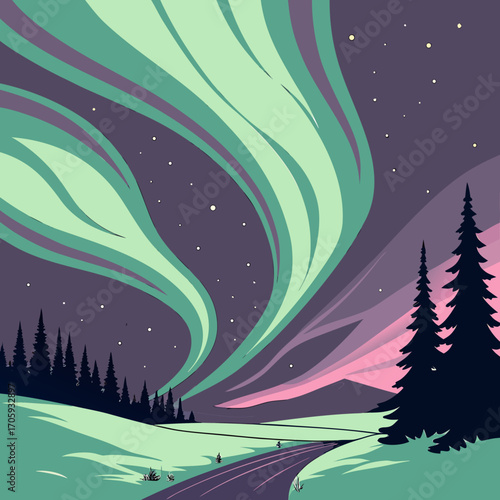 Stylized illustration of a vibrant aurora borealis dancing over a dark forest and snowy landscape