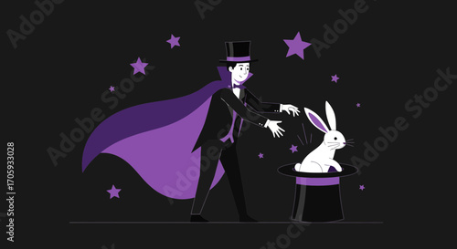 Magician With Rabbit, Showing Magical Trick In Black and Purple Design