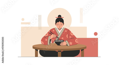 Japanese Woman Eating Noodles In Traditional Costume Graphic Illustration