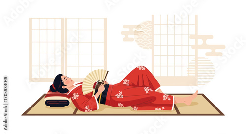 Japanese Woman Relaxing In Traditional Attire Holding A Fan While Resting Peacefully