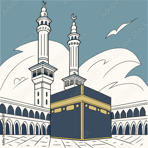 Stylized illustration of the kaaba and minarets in mecca saudi arabia with a bird in the sky