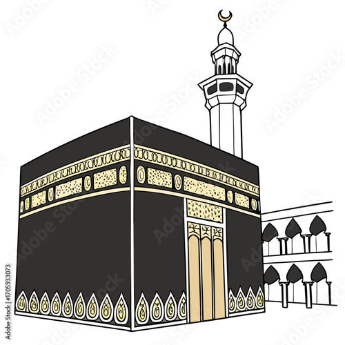 Stylized illustration of the kaaba in mecca with a minaret and surrounding architecture on a white background