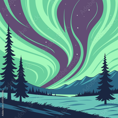 Stylized illustration of the aurora borealis illuminating a serene winter landscape with silhouetted pine trees and mountains