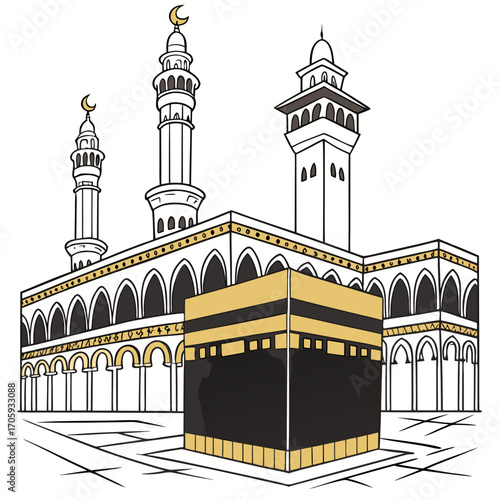 Stylized illustration of the kaaba in mecca with minarets and arched colonnades against a white background