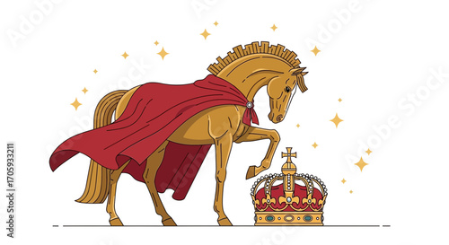 Majestic Horse in Regal Attire Standing Beside a Royal Golden Crown Illustration