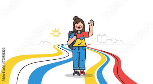 Journey Of Schoolgirl: Cartoon Illustration On The Path Of Learning and Adventure