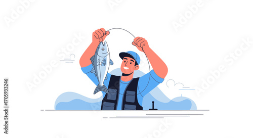 Joyful Angler Celebrating His Catch: A Fisherman's Accomplishment And Proud Moment