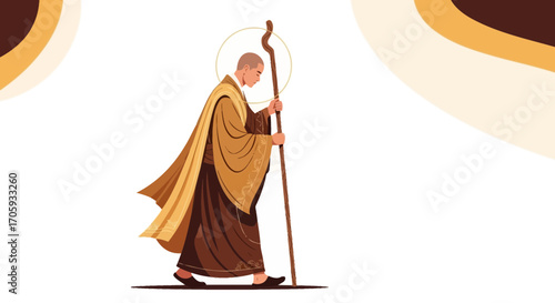 Journeying Monk With Staff, Symbolic Of Spirituality, Emblematic Of Faith, and Inner Peace