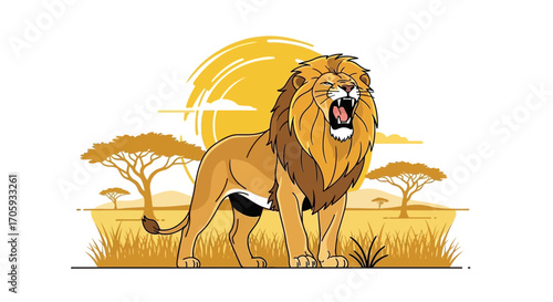 Majestic Lion Roaring At Sunset With African Savanna View Illustrative Design
