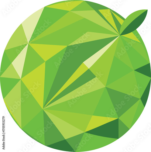 Vector art of a stylized green gemstone with facets and a small leaf, isolated on a transparent background