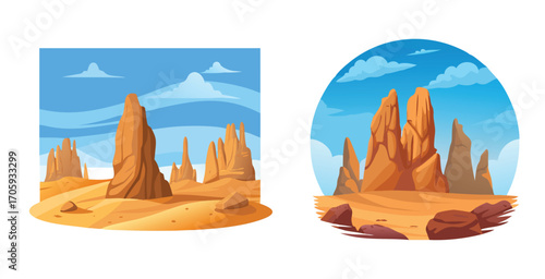 Majestic wind eroded rock spires rising sharply Vector art design illustration