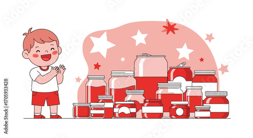 Joyful Boy Applauding Jars And Cans, With Whimsical Star Decorations