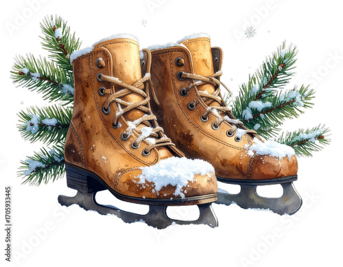 Pair of vintage leather ice skates with snow and pine branches