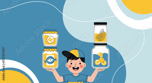 Joyful Boy Balancing Preserved Foods in Jars With Colorful Background and Simple Design
