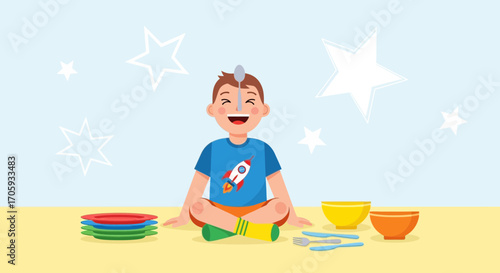 Joyful Boy Balancing Spoon With Plates, Bowls, Cutlery, and Rocket T-Shirt Illustration