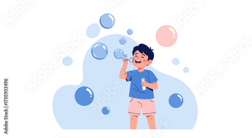 Joyful Boy Blowing Bubbles in a Cheerful Illustration of Childhood Fun and Delight