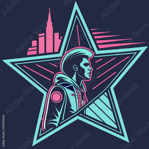 Stylized profile of a young man with a mohawk hairstyle wearing a modern jacket inside a neon star