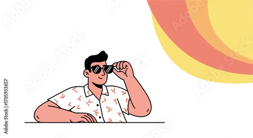Man Adjusting Sunglasses, Enjoying Sunny Day, Holiday, and Summer Vibes with Hopeful Feelings
