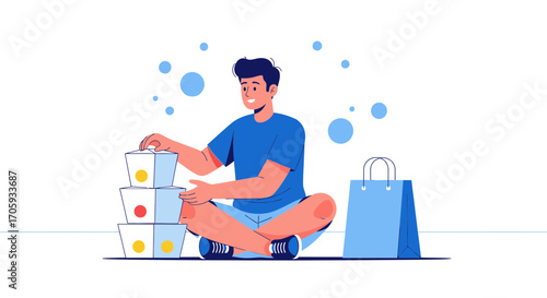 Man Arranging Boxes Near Shopping Bag, Illustrating Conceptual Ideas in Graphic Design