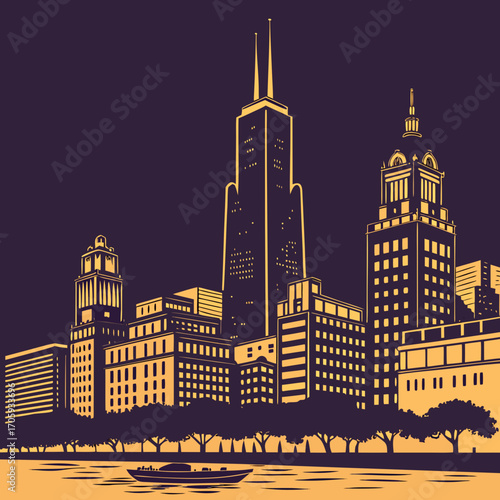 Stylized silhouette of a modern city skyline with iconic skyscrapers and a boat on the water