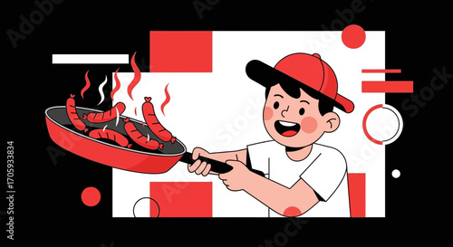 Joyful Boy Grilling Sausages, A Delicious Culinary Illustration in Colorful Minimal Style