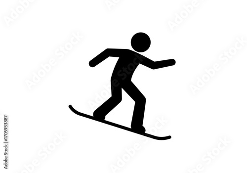A black stick figure snowboarding on a white background