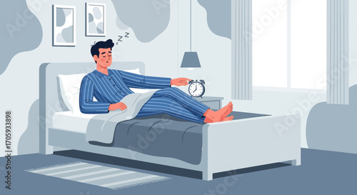 Man Asleep In Bed with Alarm Clock, Preparing to Wake Up In Morning For The Day Ahead