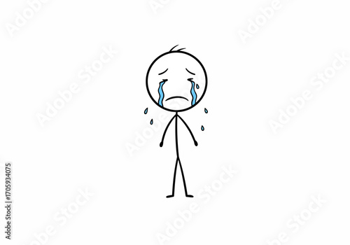 A crying stick figure with visible blue tears sad face and simple line art stands alone