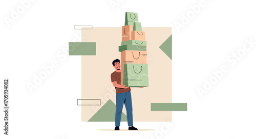 Man Carries Stacked Shopping Bags Representing Retail Therapy And Consumerism Concepts