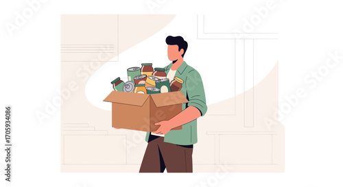 Man Carries Box Of Food Donations Representing Community Support And Aid