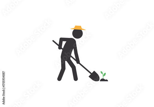 A silhouetted figure in a yellow hat plants a small green seedling with a shovel
