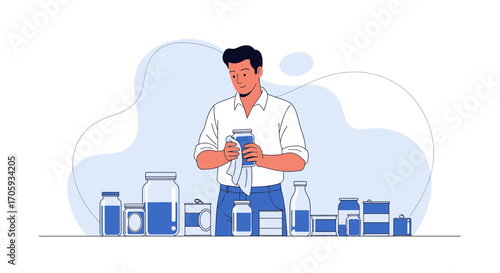 Man Cleaning a Jar Surrounded by Cans and Bottles Preparing for Storage and Preservation