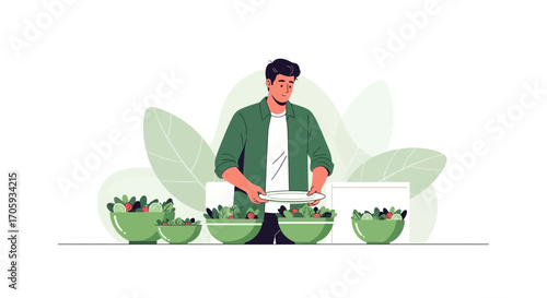 Man Choosing Salad, Preparing Fresh Food for Lunch, Healthy Eating and Lifestyle Concept