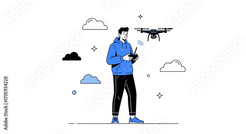 Man Controlling Drone Outside With Cloudy Sky, Capturing Aerial Footage for Adventure Imagery