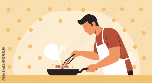 Man Cooking Bacon On A Frying Pan, Breakfast Preparation In Cartoon Illustration