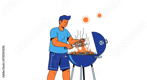 Man Cooking Barbecue On A Sunny Day, Grill And Preparation Of Food Outside