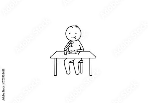 A stick figure sits at a table eating from a plate